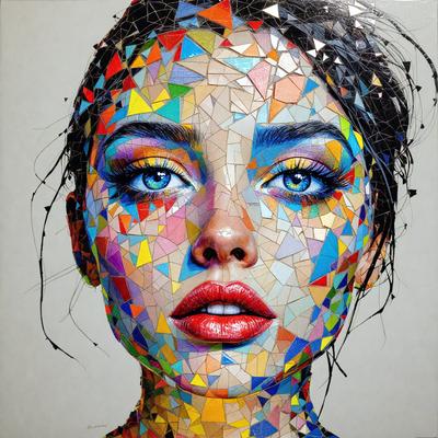 The primary subject of the image is a woman with a colorful and artistic appearance. She is wearing a blue lipstick and has a unique, colorful design on her face. The setting is a close-up of her face, and the visual style is a combination of digital art and illustration. The colors and mood of the image are vibrant and lively, with a focus on the woman's striking features.